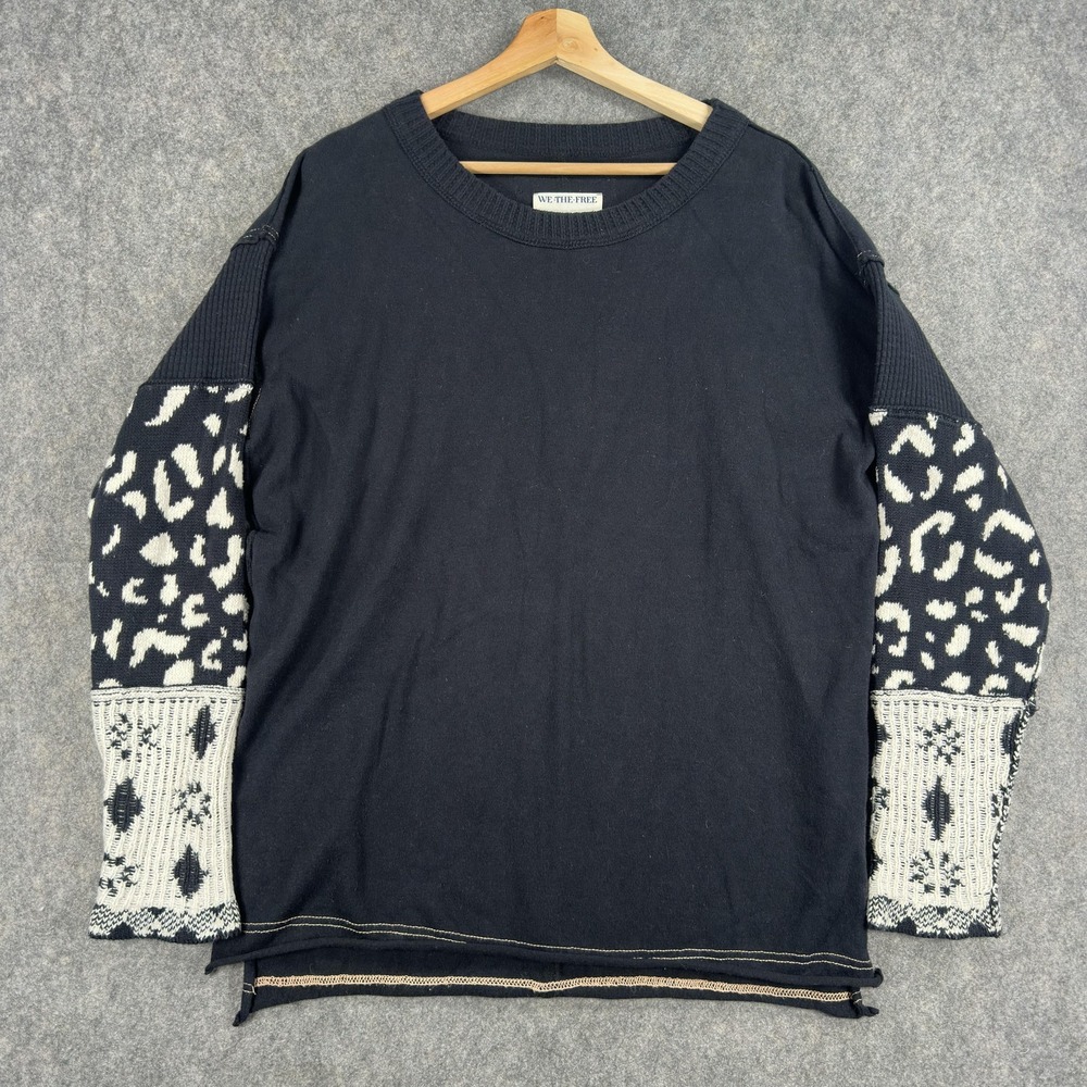 We The Free Tiger Style Cuff Sweater Womens Small Black Print Pullover Knit